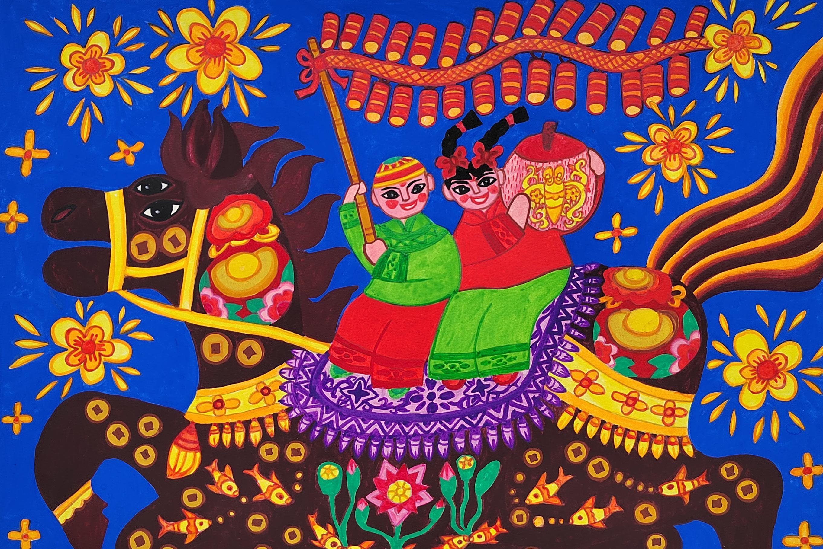 热气腾腾的中国年｜六合农民画家马年画骏马，炽热的民间艺术跃然纸上